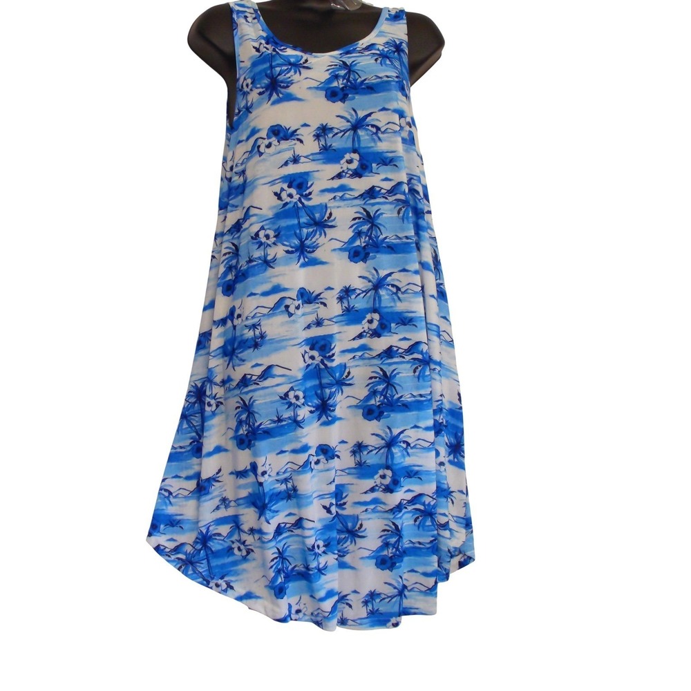 Isla Bonita Womens Tropical Palm Tree Print Sleeveless Swing Dress Blue White OS